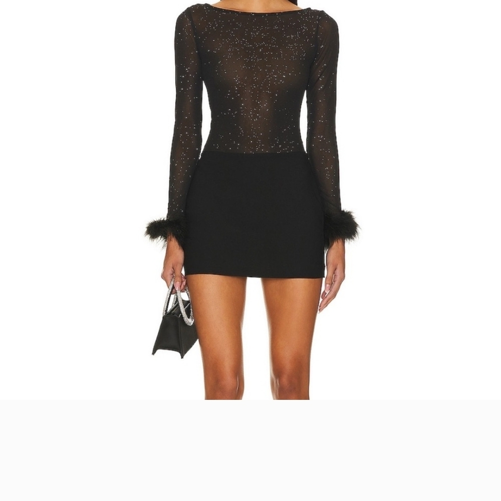 More To Come Elegant Black Sheer Bodysuit with Feather Details Glitter
